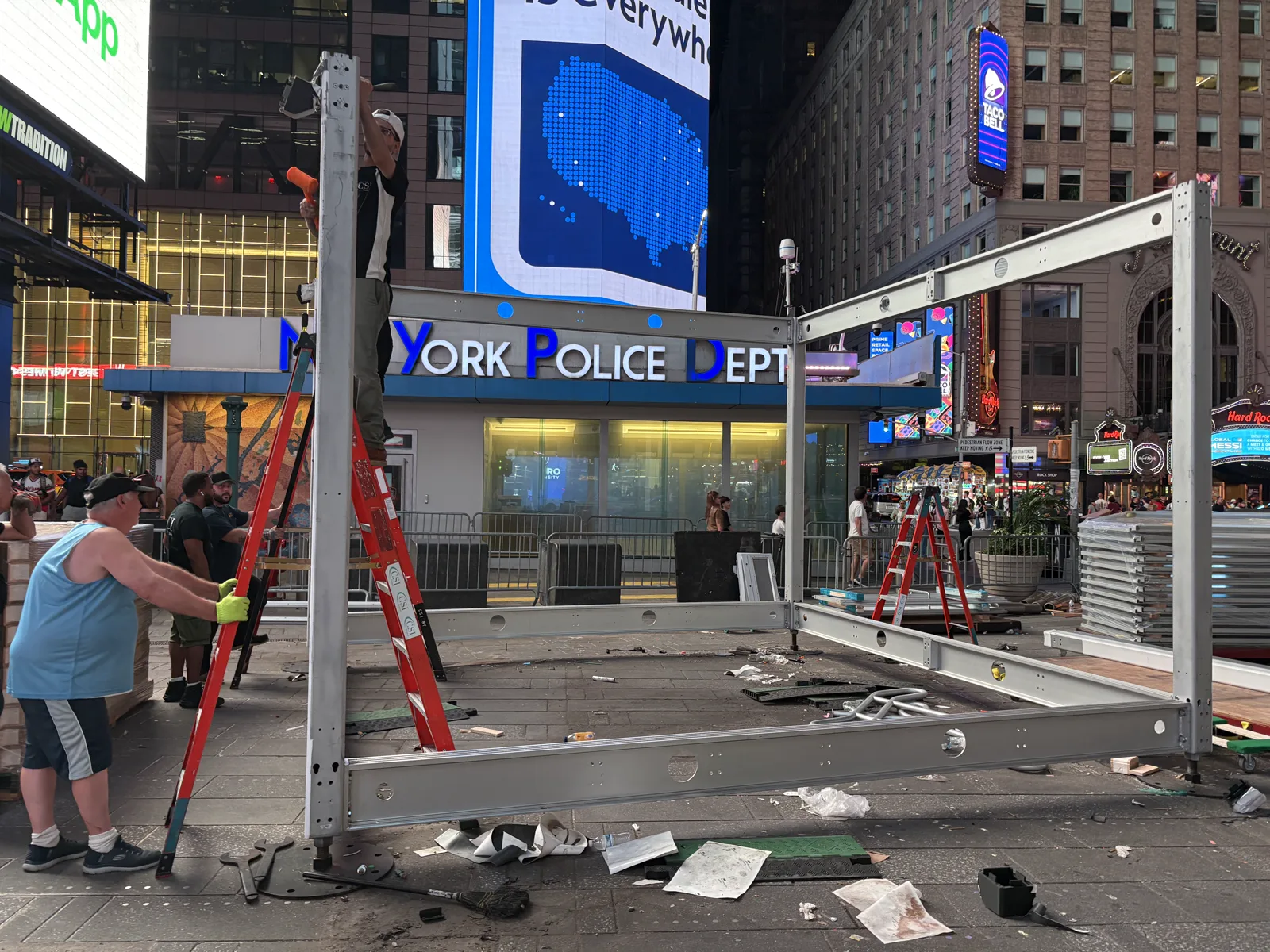Crew assembling the modular activation frame in Times Square