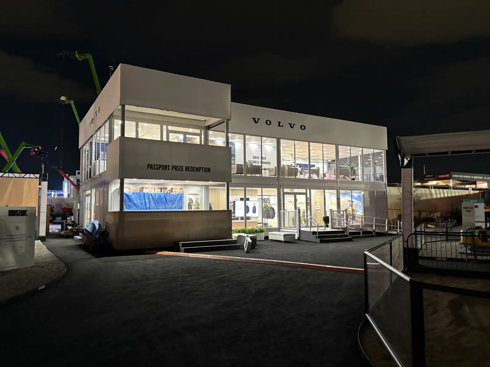 Finished Volvo pavilion illuminated at night