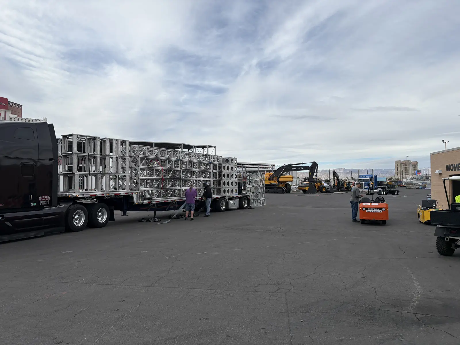 Modular pavilion components staged for the Volvo CONEXPO build